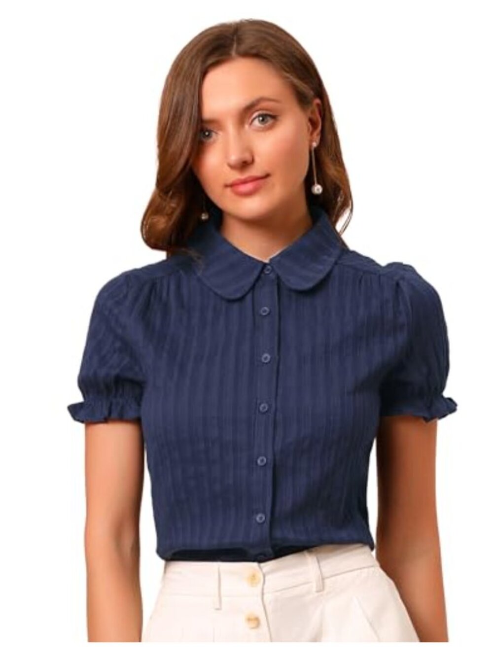Allegra K Women's Cotton Vintage Peter Pan Collar Button Down Blouse - Blue